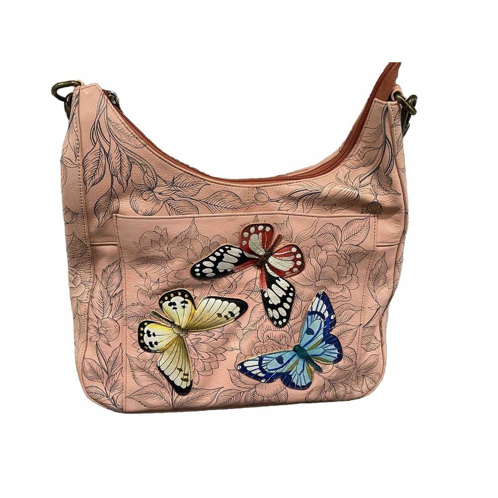 New Anuschka Hand Painted Butterfly GARDEN Leather Large Hobo Crossbody PURSE